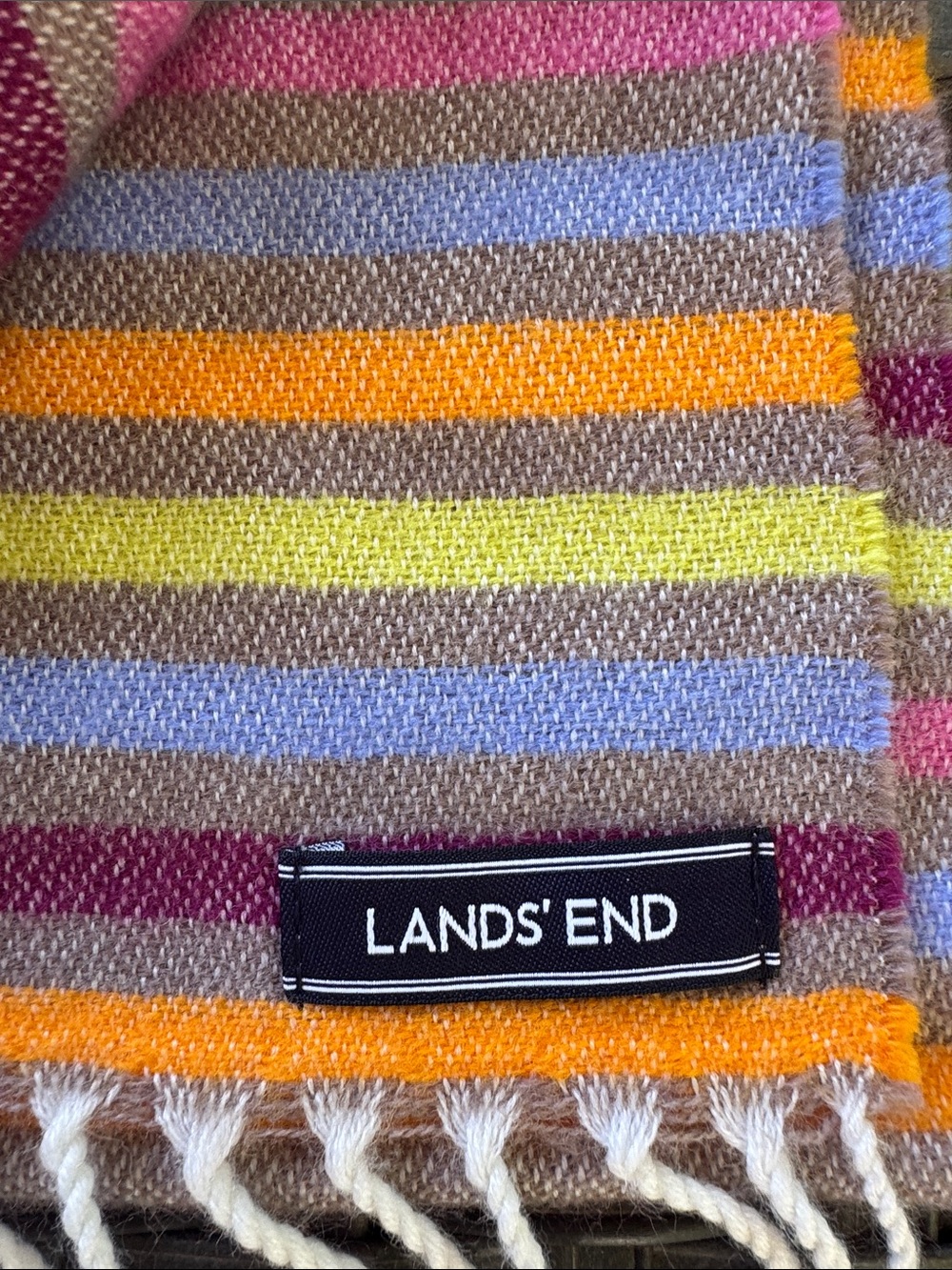 Lands' End Striped Fringe Scarf in Brown, Orange, Pink, Yellow and Blue - Picture 3 of 3
